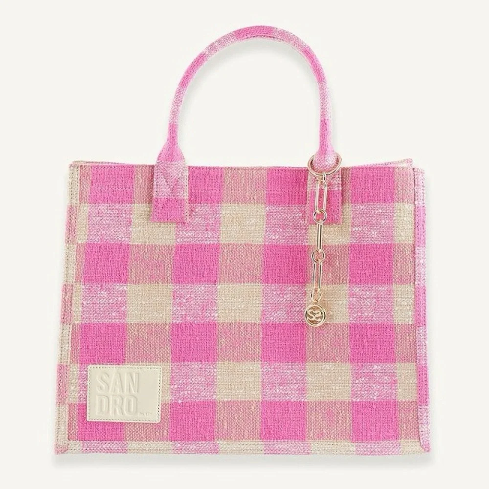 $450 SANDRO Kasbah gingham print cotton‎ tote bag shoulder bag pink cream white - Picture 4 of 10